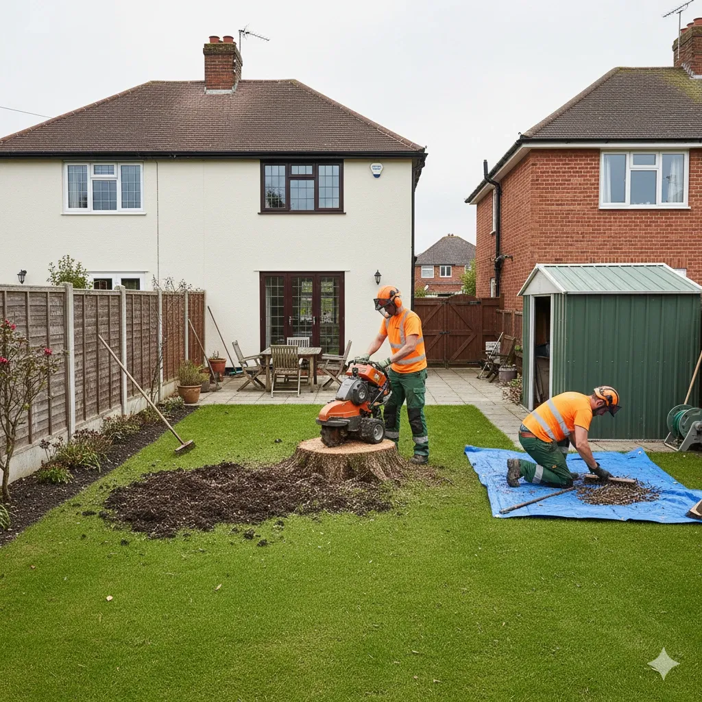 Sheffield tree surgeon grinding out a tree stump in a Sheffield garden