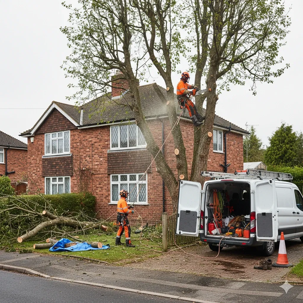 Sheffield tree surgeon crew felling a tree beside a residential property in Sheffield