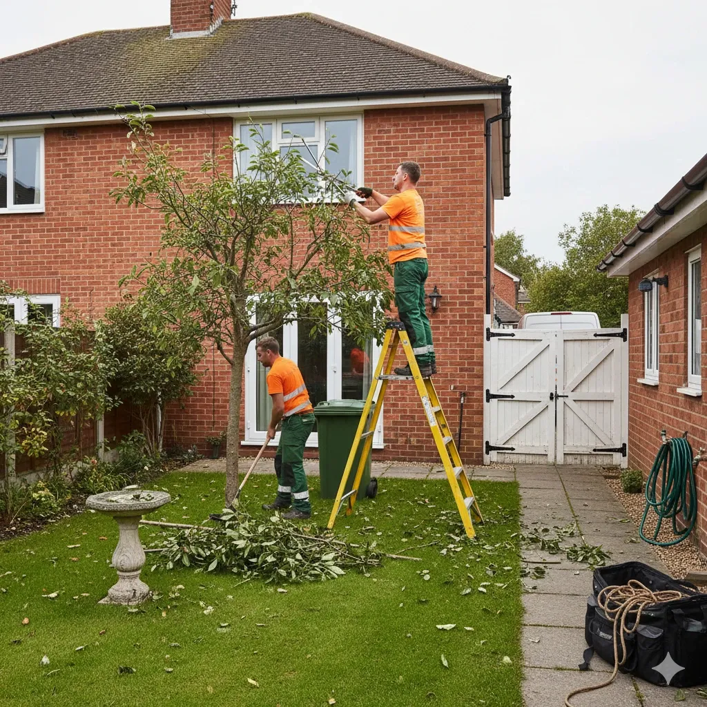 Sheffield tree surgeon pruning a tree from a ladder in a Sheffield garden